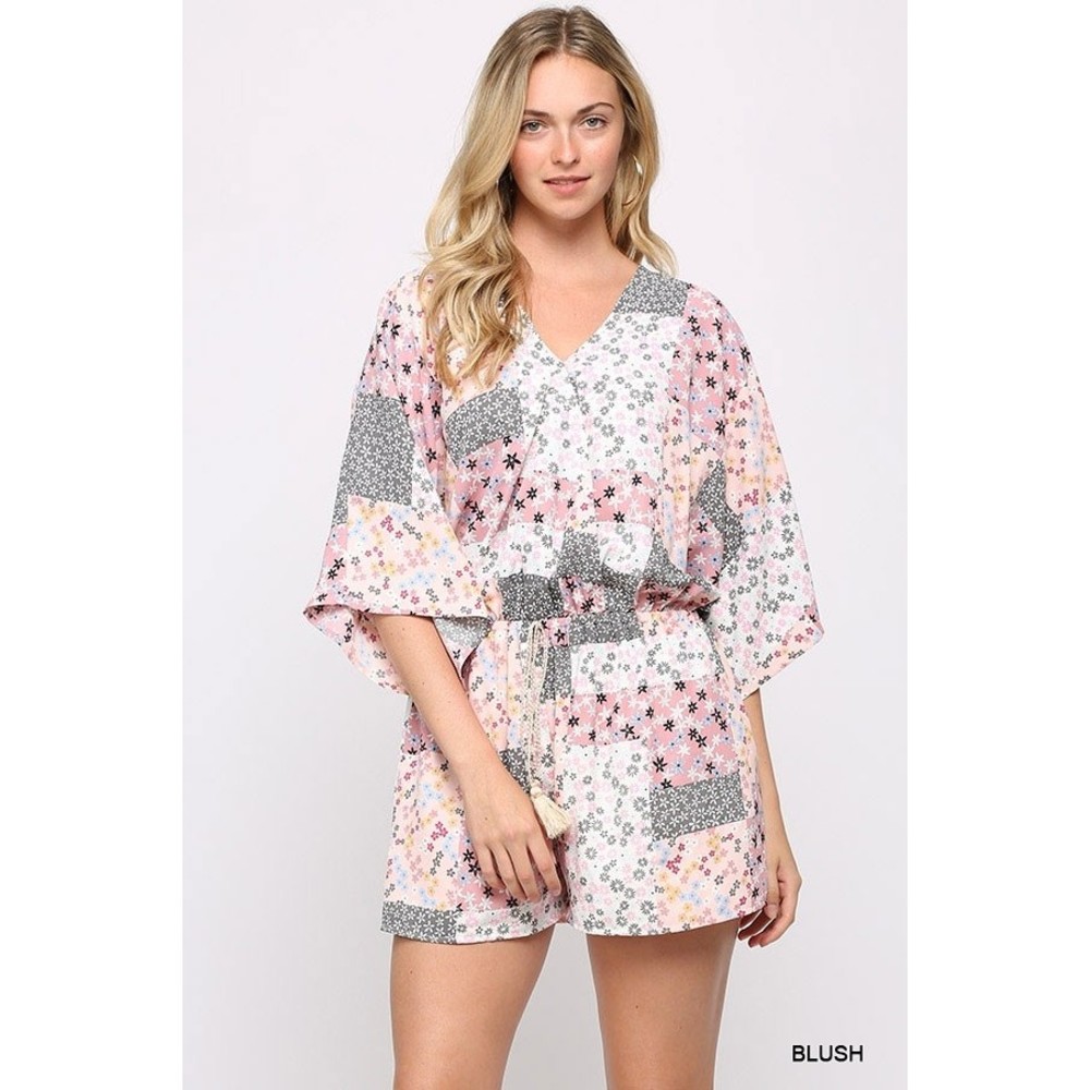 Patchwork Printed Surplice Romper With Waist Tassel Tie And Bottom Lining - Picture 2 of 7